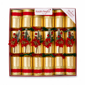 Robin Reed 6625 Poinsettia Christmas Crackers, Set of 6, 12-Inch Handmade Holiday Party Favors – Classic Red & Gold Design