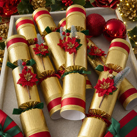 Robin Reed 6625 Poinsettia Christmas Crackers, Set of 6, 12-Inch Handmade Holiday Party Favors – Classic Red & Gold Design