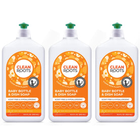 Clean Roots Baby Bottle & Dish Soap, 100% Plant-Based & Organic, Scent-Free & Hypoallergenic, EcoGarantie Certified, 3 Pack, 16.9 Fl. Oz. (500 ML)