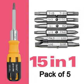 Lutz 15-IN-1 Ratcheting Screwdriver, Yellow / Black (Pack of 5)