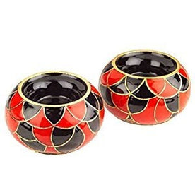 Cloisonne Set of 2 Black and Red Votive Holders in a Beautiful Gift Box