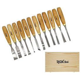 ROX Wood 12 Piece Wood Carving Hand Chisel Tools w/ Wooden Storage Case - Great for Beginners